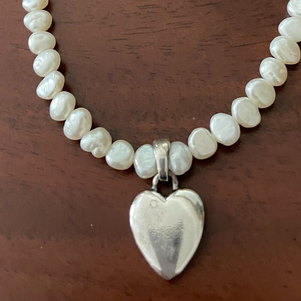 Seed Pearl Necklace with Silver Heart
